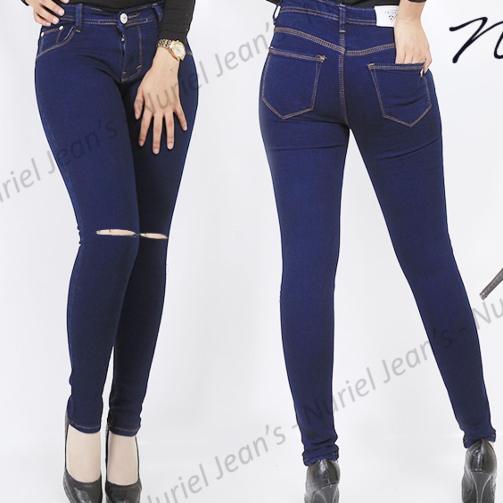 ZFASHION Celana Jeans Wanita Terbaru Good Quality Sobek 1 Silet Biru Dongker 27-30