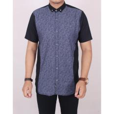 Zoeystore 5449 Kemeja Kombinasi Pria Lengan Pendek Exclusive Baju Kemeja Print Cowok Kerja Kantoran Baju Kemeja Formal Hitam Biru