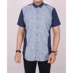 Zoeystore 5450 Kemeja Kombinasi Pria Lengan Pendek Exclusive Baju Kemeja Pantai Cowok Santai Kemeja Pria Kerja Kantoran Biru