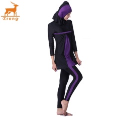 Zrong Seksi Jual Muslim Wanita Tiga Potong Baju Renang Lengan Panjang Baru Konservatif Baju Renang Beachwear (Ungu) -Internasional