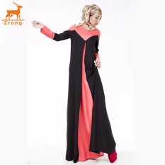 Zrong Muslim Wanita Pakaian Korea Linen Leher O Lengan Panjang Lantai-Panjang Patchwork Muslimah Jubah Dress (Hitam) -Intl