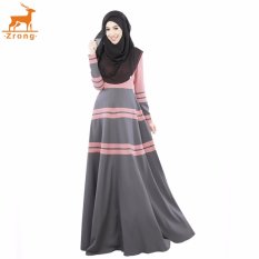 Zrong Summer Women Muslim A-line Elegant Abaya Jubah Dress Stripe Patchwork Muslimah Wear (Pink)