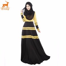 Zrong Musim Panas Wanita Muslim A-line Elegan Abaya Jubah Dress Stripe Patchwork Muslimah Memakai (Kuning)-Intl