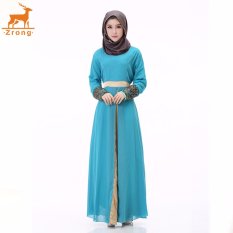 Zrong Wanita untuk Wanita Muslim Double Layer Chiffon Long Lle O-Neck Patchwork Bordir Muslimah Jubah Dress (Biru) -Intl