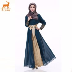Zrong Wanita untuk Wanita Muslim Double Layer Chiffon Long Lle O-Neck Patchwork Bordir Muslimah Jubah Dress (Dark Blue) -Intl