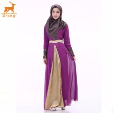 Zrong Woman’s Muslim Wear Double layer Chiffon Long Sleeve O-Neck Patchwork Embroidery Muslimah Jubah Dress (Purple)