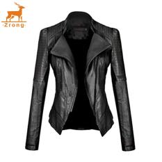 Zrong Fashion Wanita Lengan Panjang Tipis Pas Zip Up Pengendara Sepeda Motor Jaket Kulit Imitasi (Hitam)? - International