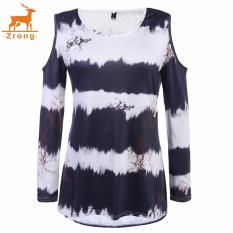 Zrong Wanita Susu Kain Sutra Dingin Bahu Lengan Panjang Gradient Cetak Lepas Longgar T-Shirt (Hitam)-Intl