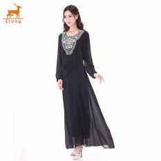 Zrong Wanita untuk Wanita Muslim Klasik Bordir Long Muslimah Jubah Dress (Hitam)-Intl