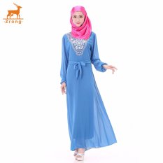 Zrong Wanita untuk Wanita Muslim Klasik Bordir Long Muslimah Jubah Dress (Biru)-Intl