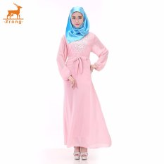 Zrong Wanita untuk Wanita Muslim Klasik Bordir Long Muslimah Jubah Dress (Pink)-Intl