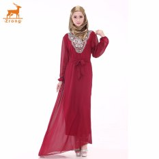 Zrong Wanita untuk Wanita Muslim Klasik Bordir Long Muslimah Jubah Dress (Merah)-Intl