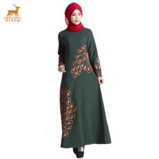 Zrong Women’s Long Sleeve Muslim Wear O-Neck Feather Printed Islamic Muslim Abaya Elegant Maxi Dress (Green)