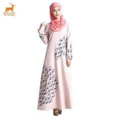 Zrong Women’s Long Sleeve Muslim Wear O-Neck Feather Printed Islamic Muslim Abaya Elegant Maxi Dress (Pink)