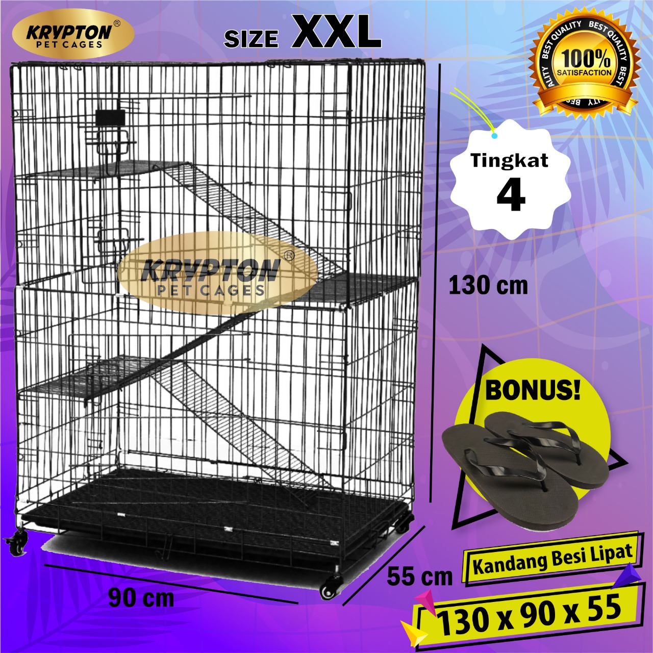 Kandang Kucing Tingkat 4 EXTRA JUMBO XXL 130x90x55 + RODA (bisa untuk 6-8  ekor kucing dewasa)