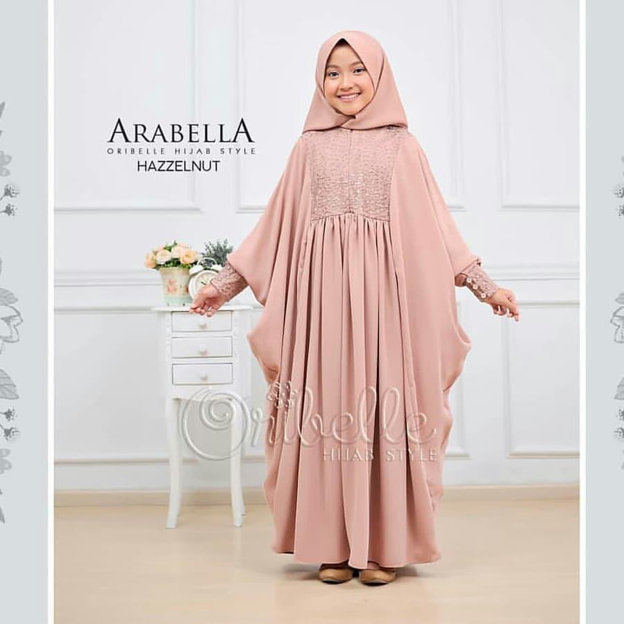 Baju Muslim Wanita Gamis Modern Original DMBM ARABELLA KIDS + KHIMAR, MOSCREPE USIA 6 - 8 TAHUN Fashion Anak Perempuan Casual Muslimah Modis dan Fashionable Hijab Terbaru 2019