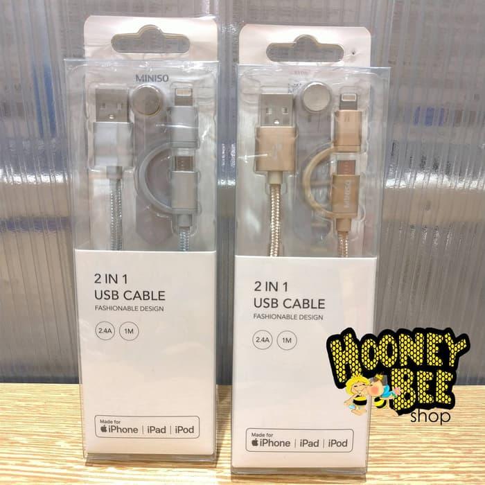 AJ03 Miniso Kabel Charge 2in1 Knitted USB Cable For Iphone Ipad Ipod
