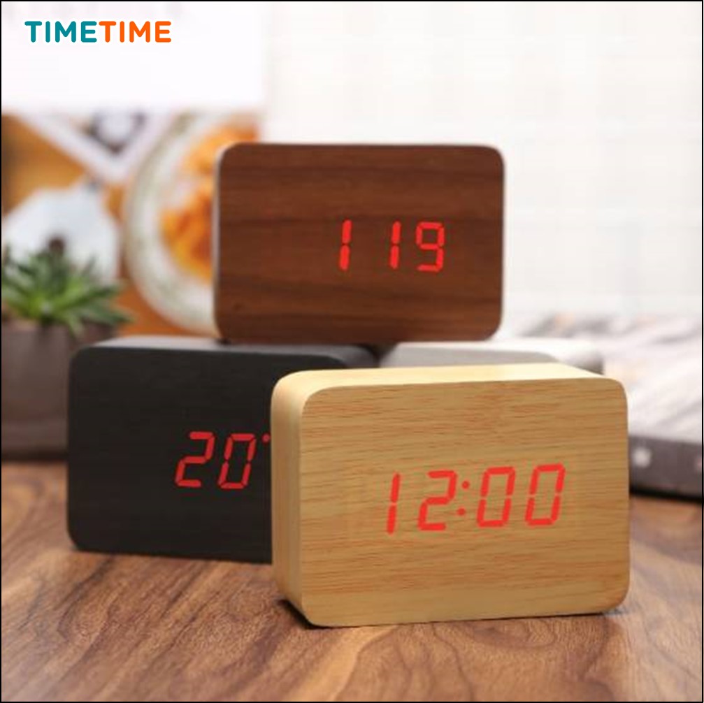 Jam Digital LED Smart Alarm Digital Clock Jam Meja Digital Kubus Kotak Motif Kayu Free Baterai