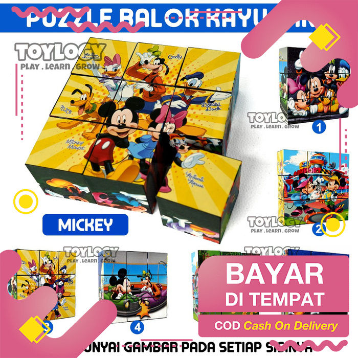 Jual Mainan Edukatif Edukasi Anak Block Puzzle Balok Kayu 6 in 1 Mickey