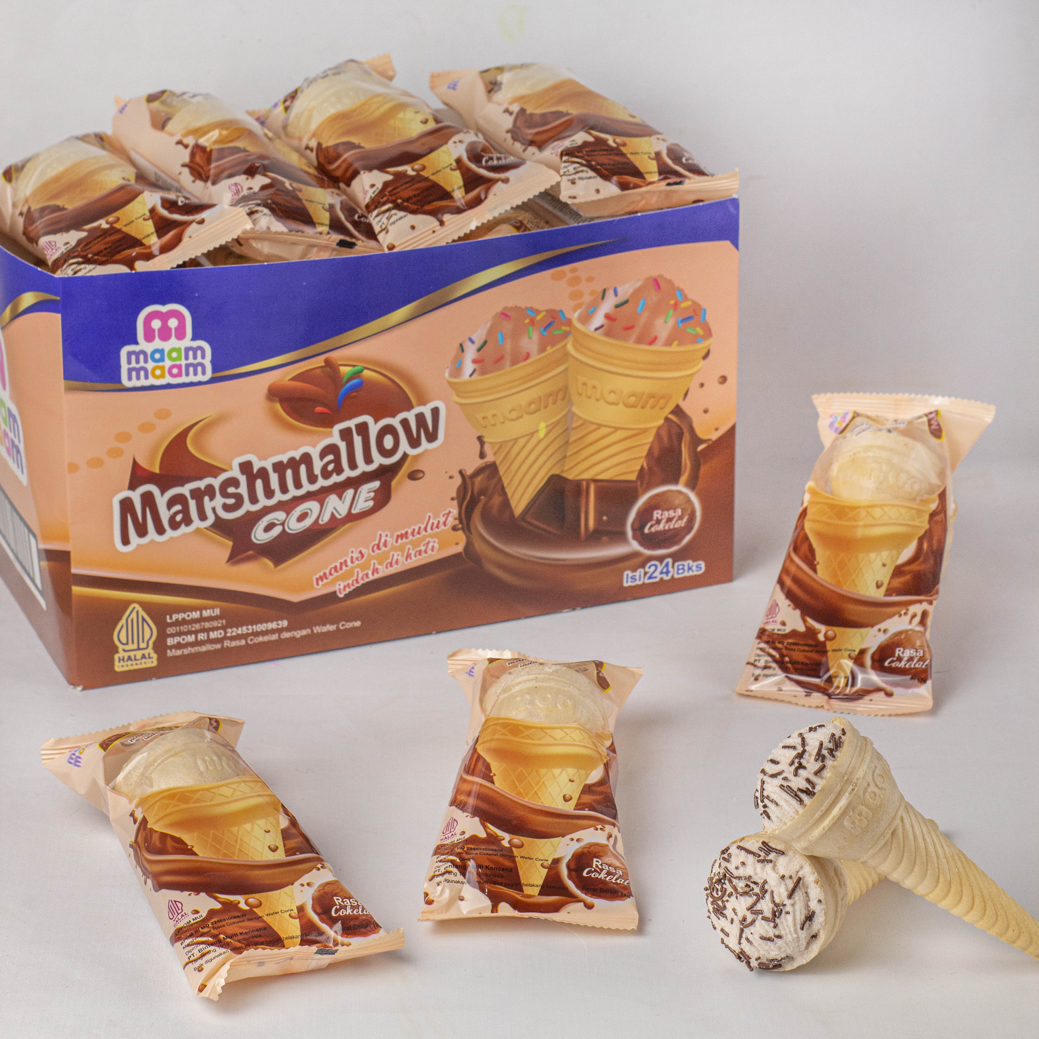 MAAM MARSHMALLOW CONE RASA COKLAT/ PERMEN MARSHMALLOW DENGAN WAFER CONE