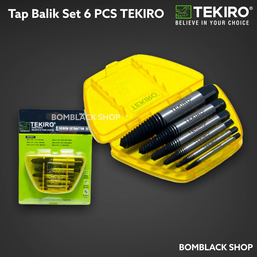 TEKIRO Tap Balik Set 6 Pcs Screwdriver Screw Extractor Set Hand Tap Buka Mengeluarkan Baut Rusak