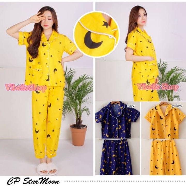 Piyama Baju Tidur TSUMCP StarMoon Kuning&Navy - Lengan Pendek Celana Panjang