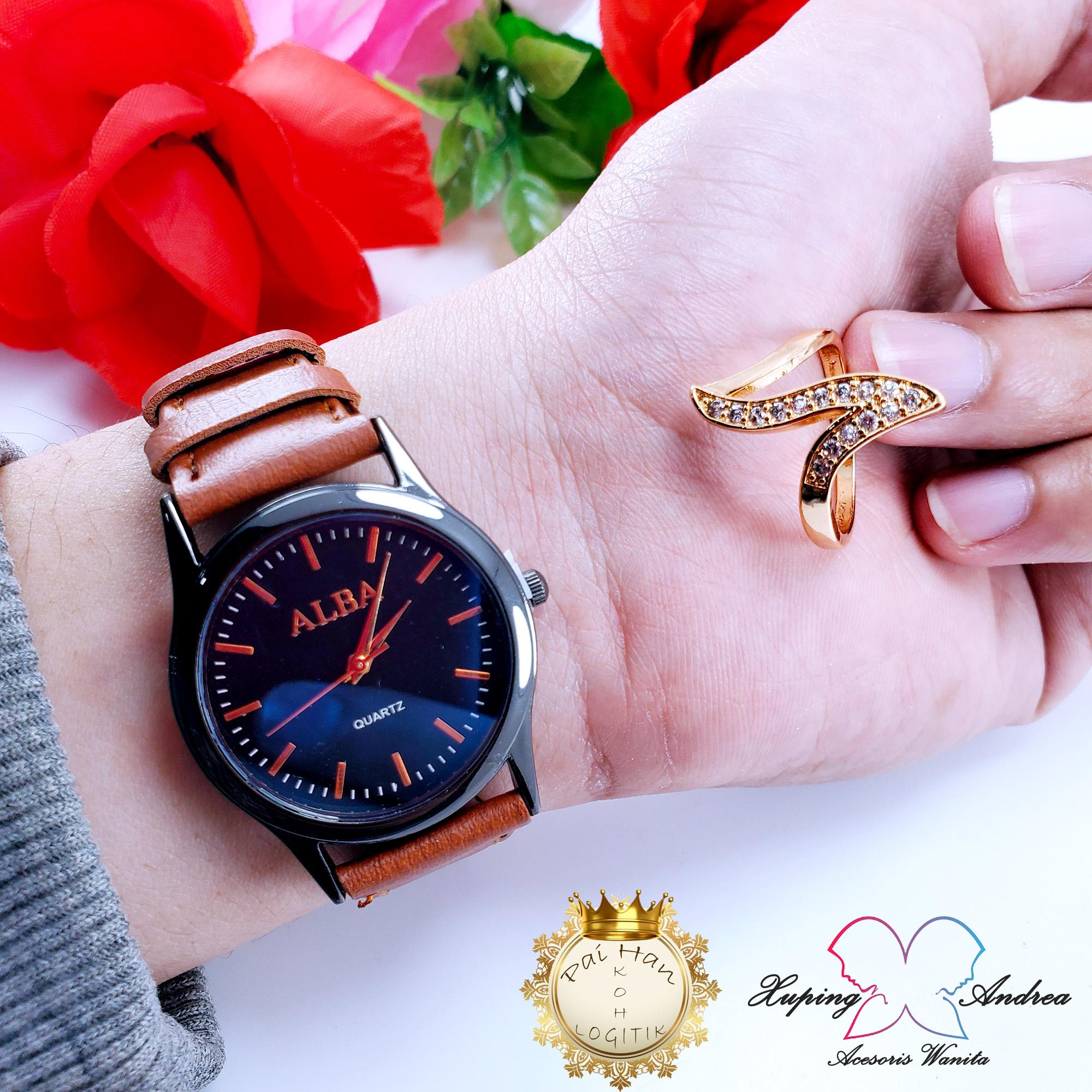 Jam Tangan Wanita Motif Alba Kulit Japan Combinasi Prime Free Cincin Cantik Lapis Emas 24K *01