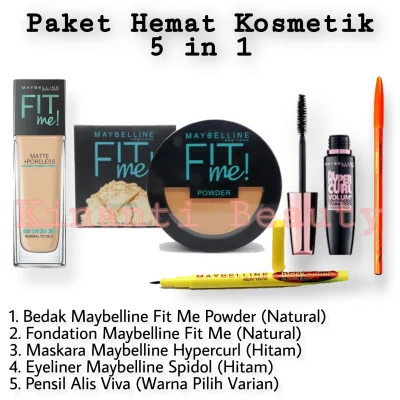 Paket Kosmetik Maybelline Fit Me Hemat 5 in 1 - Paket Make Up Lengkap Maybelline 5 in 1 - Bedak - Foundation - Maskara - Eyeliner - Pensil Alis