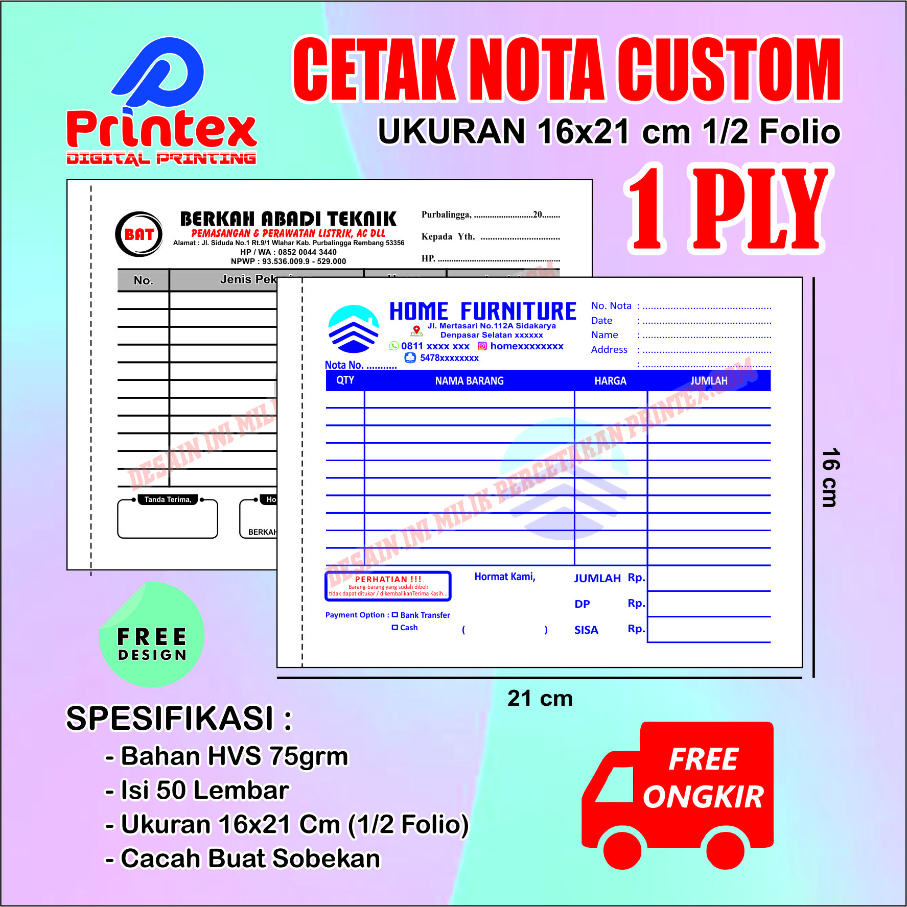 Promo Cetak Nota Custom 1ply Ukuran 1/2 Folio, Nota Bengkel, Nota ...