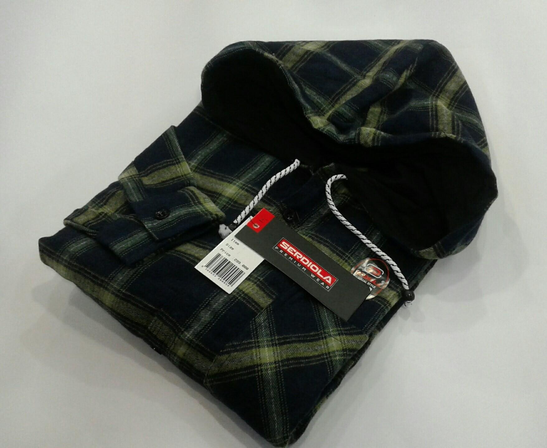 Kemeja flanel Hoodie pria lengan panjang Hijau List Putih Multicollor