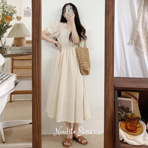 Dress Areum Midi Vneck Dress Korean Style Dress Elegan Dress Remaja Gaya Kekinian Lazada