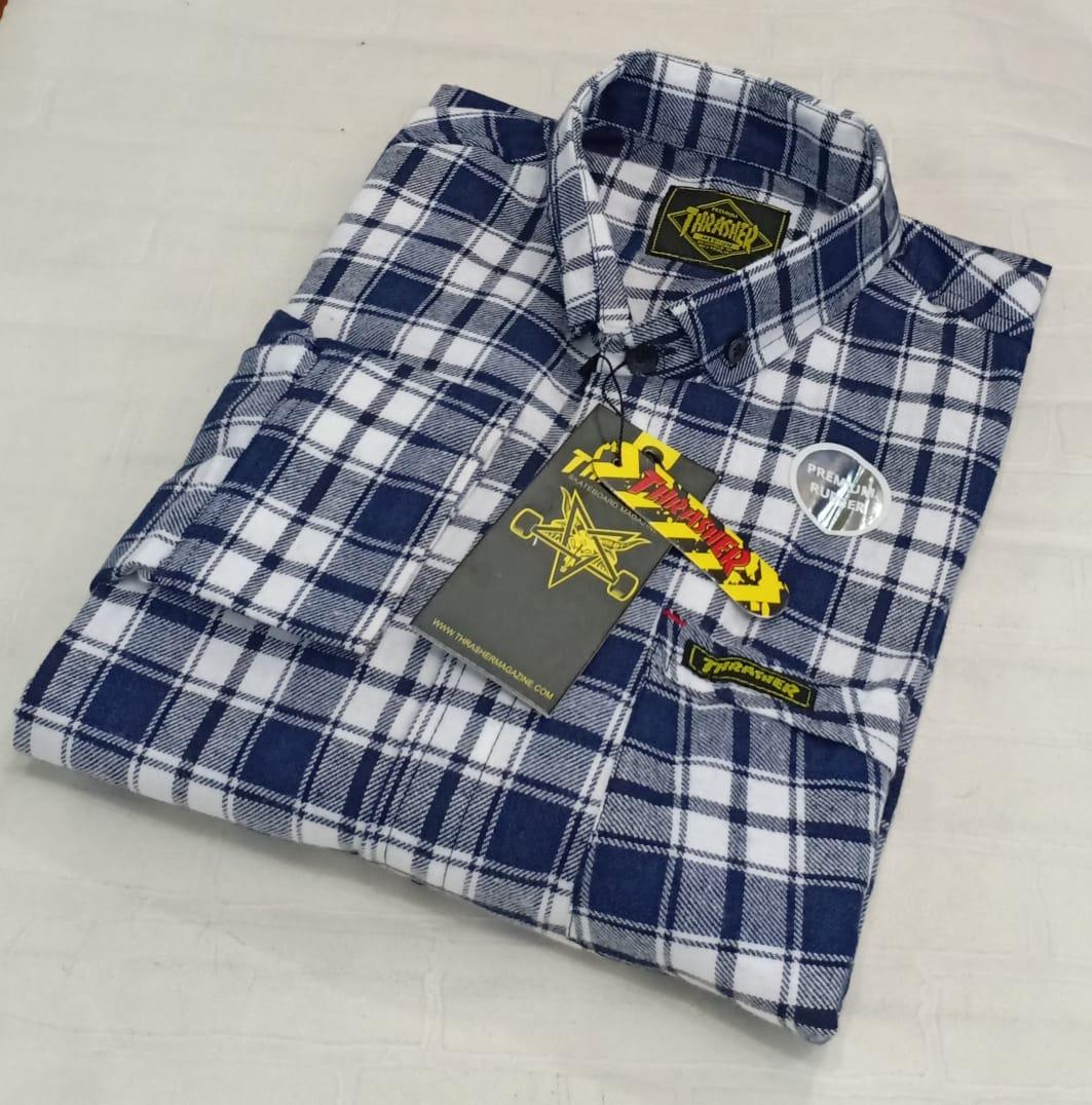 New Arrival Kemeja Flanel Lengan Panjang Pria-Navy Garis Merah