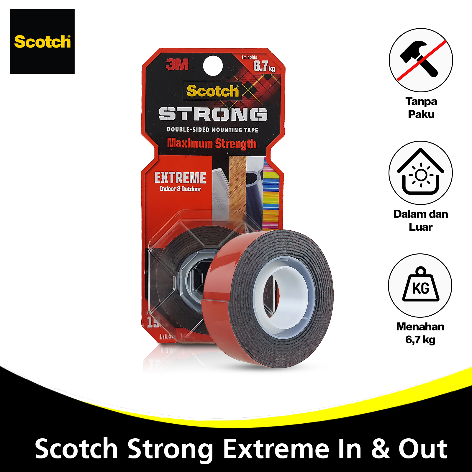 3M Scotch Strong Perekat 1 Roll Extreme Indoor Outdoor Double Sided