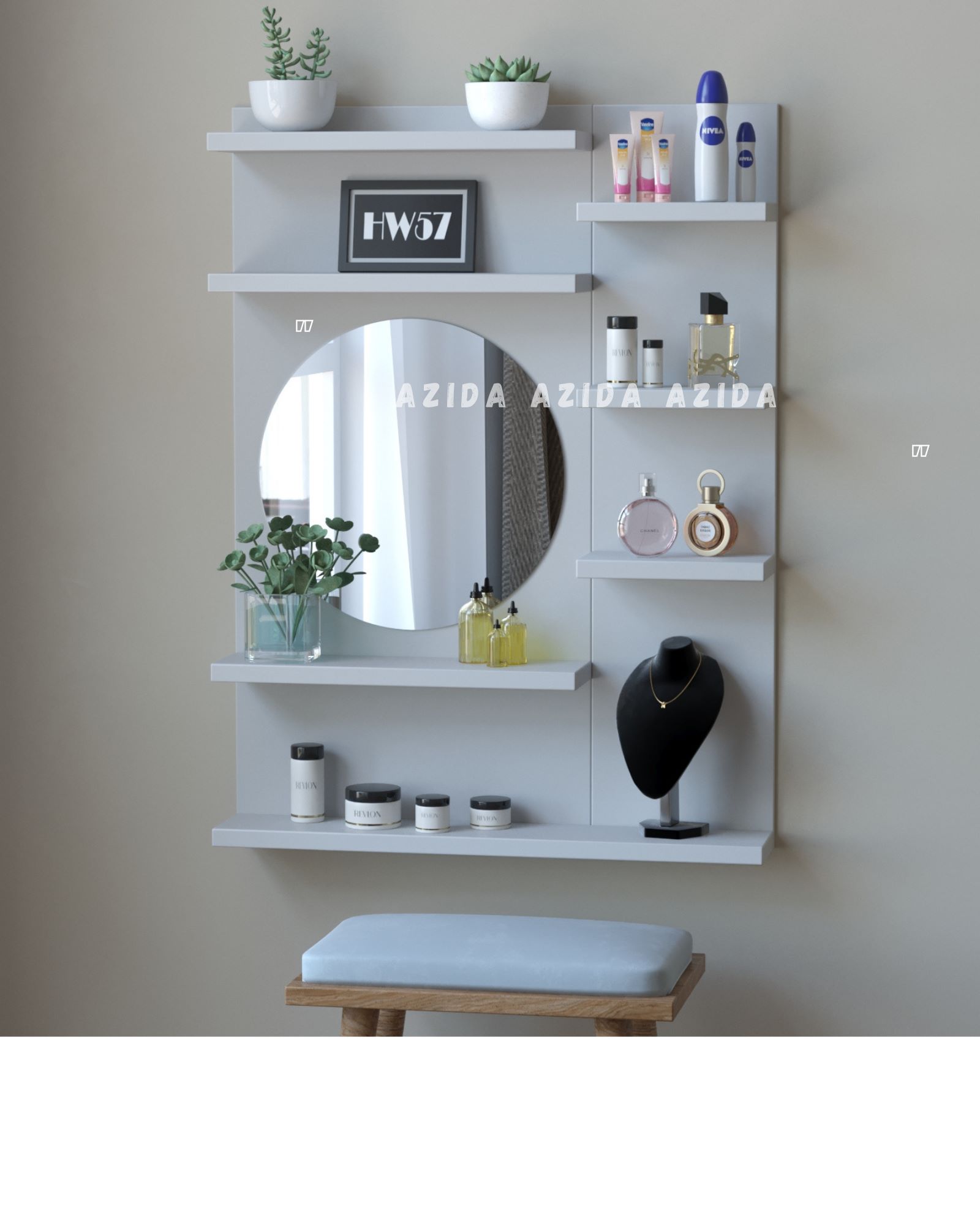 rak rias make up dinding tempel gantung kayu kaca susun kosmetik