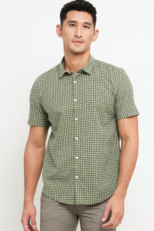 SHORT SLEEVES GINGHAM SHIRT (OLIVE 