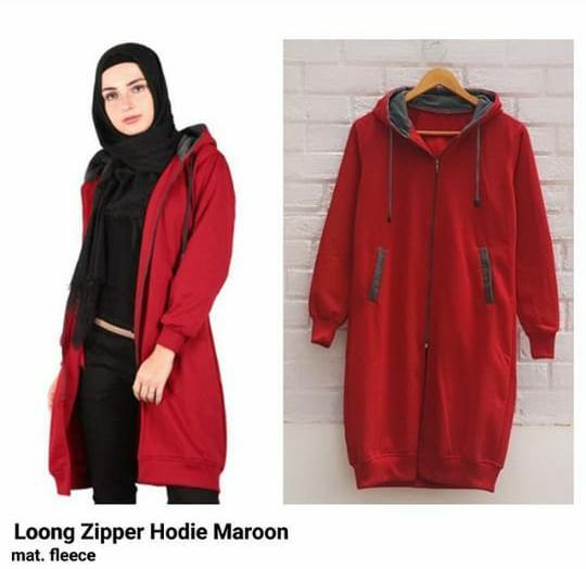 Sweater Jacket Wanita Muslimah / Warna Merah Combined Abu