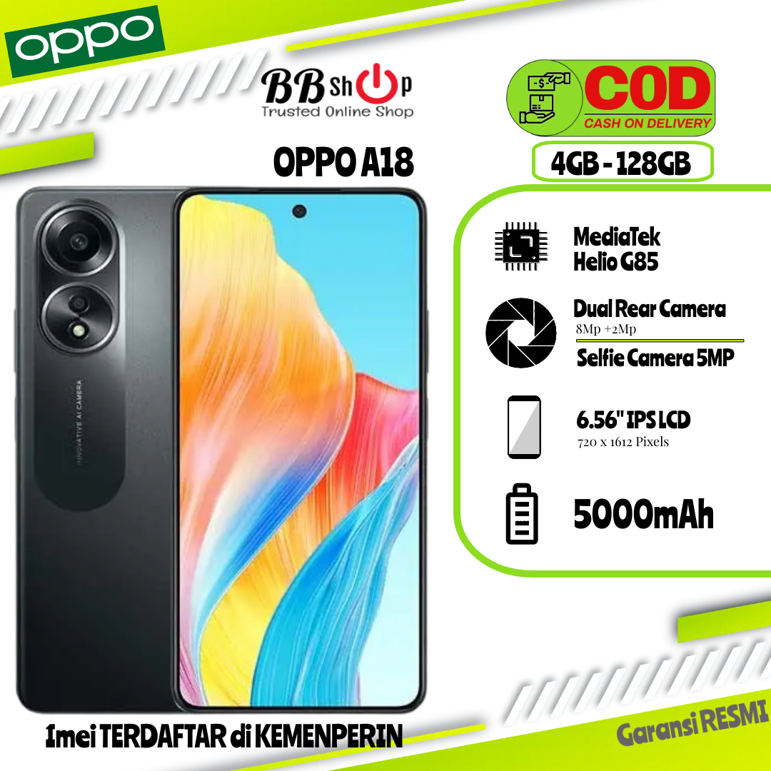 Oppo A18 4GB+128GB Garansi Resmi Oppo 1 Tahun, Display Type IPS LCD ...