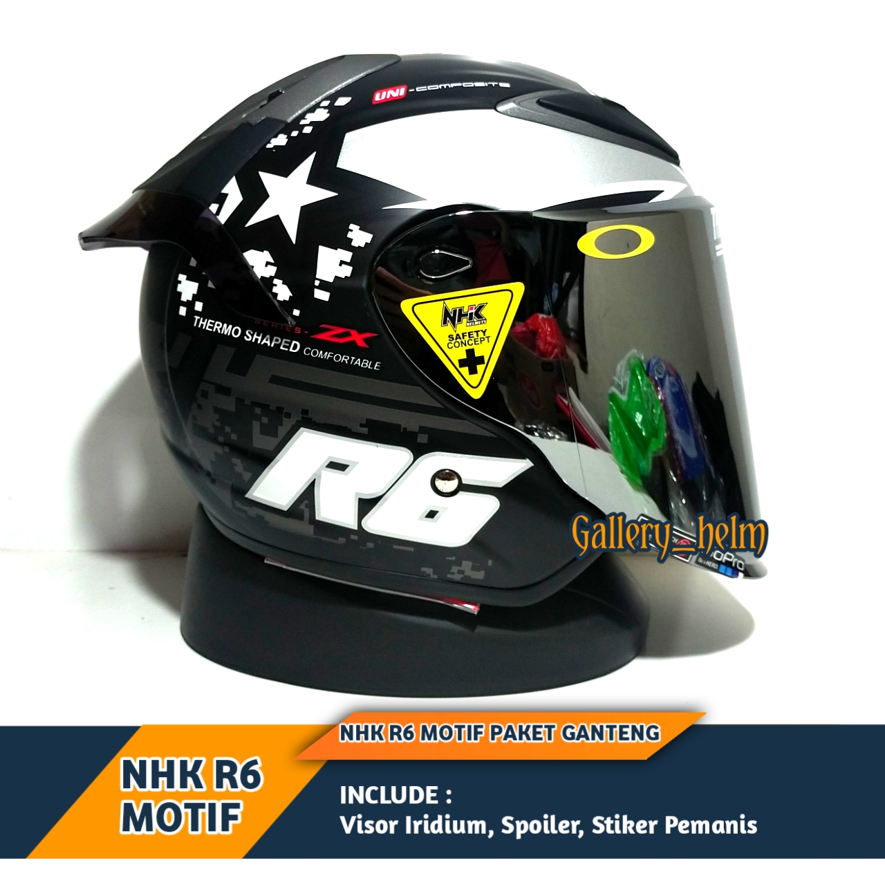 HELM NHK HALF FACE HELM NHK R6 MOTIF PIXEL BLACK SILVER DOFF PAKET