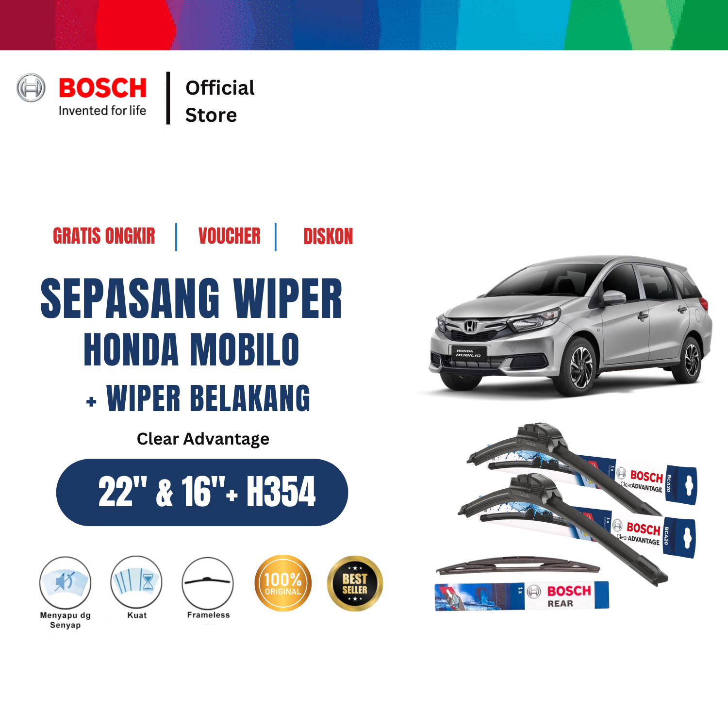 Bosch Wiper Depan dan Belakang Honda Mobilio 22 - 16 inchi dan H354