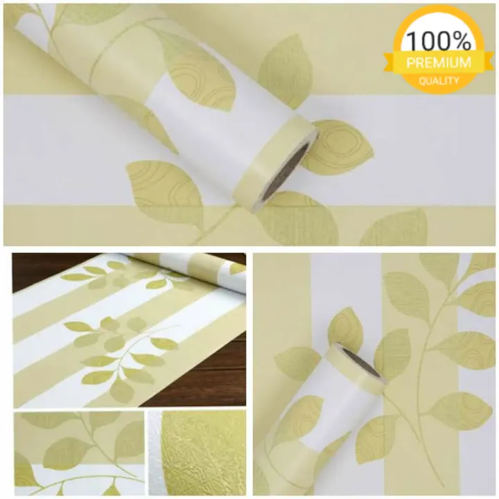 Grosir Murah Wallpaper Sticker Hijau Garis Putih Bunga Hijau Emas