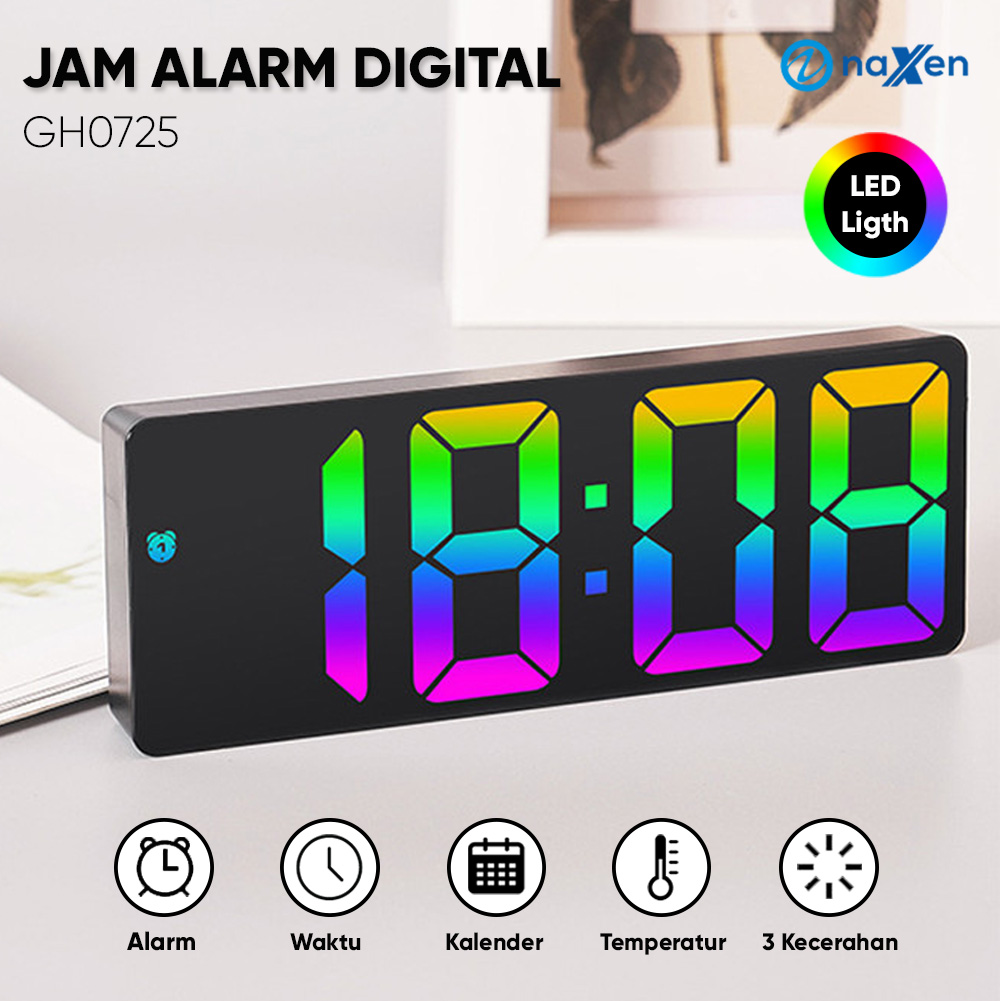 Jam Meja Rainbow Alarm Clock Sensor Suara Jam Meja Digital LED Naxen
