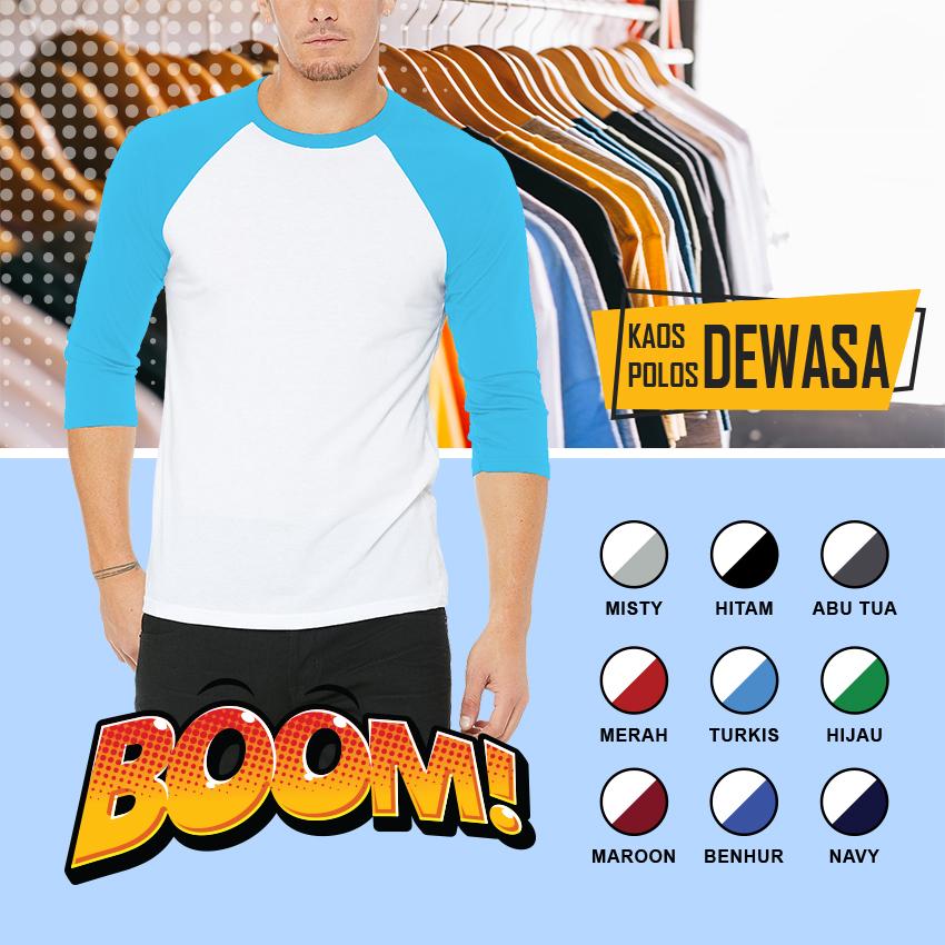 KaosBOOM T-Shirt Kaos Polos Pria Raglan Lengan 3/4 PUTIH Kombinasi Tangan Warna Premium Distro
