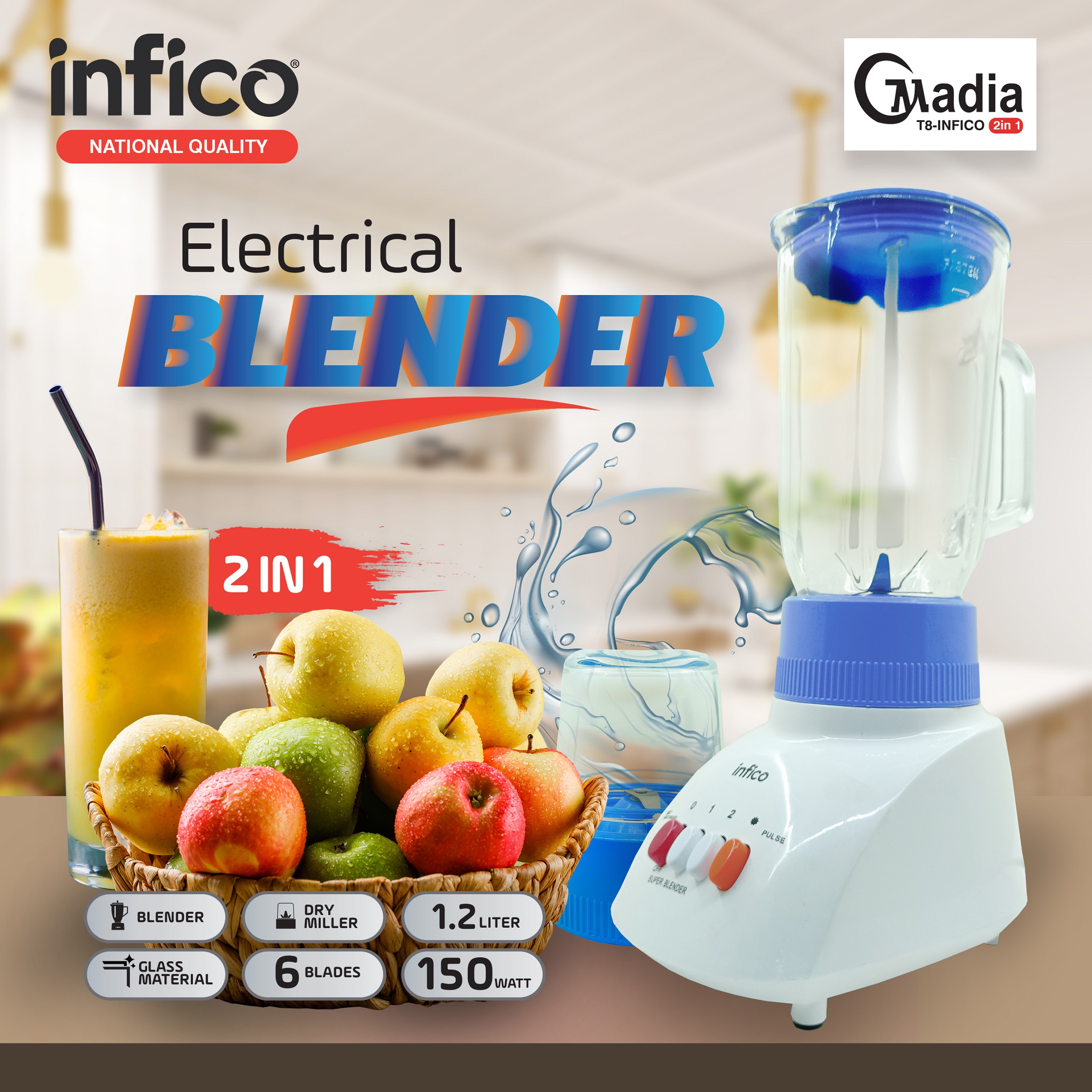 Blender National Quality Kaca 2 IN 1 Kapasitas 1 Liter INFICO SNI FOOD