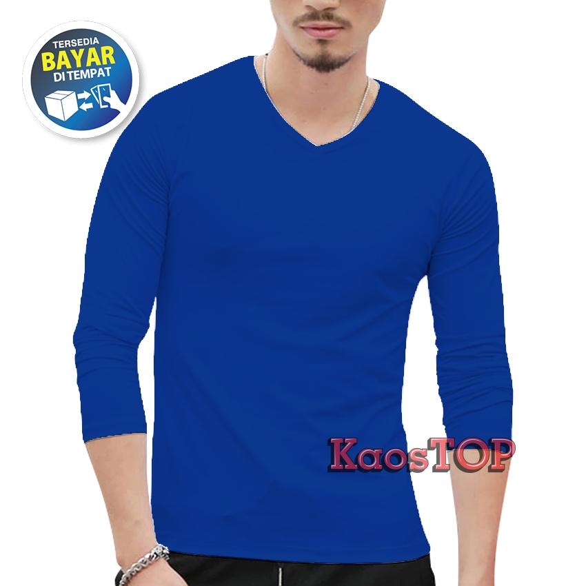 KaosTOP Tshirt Kaos polos Pria Lengan Panjang V-Neck cottong combed 30s premium distro - Black