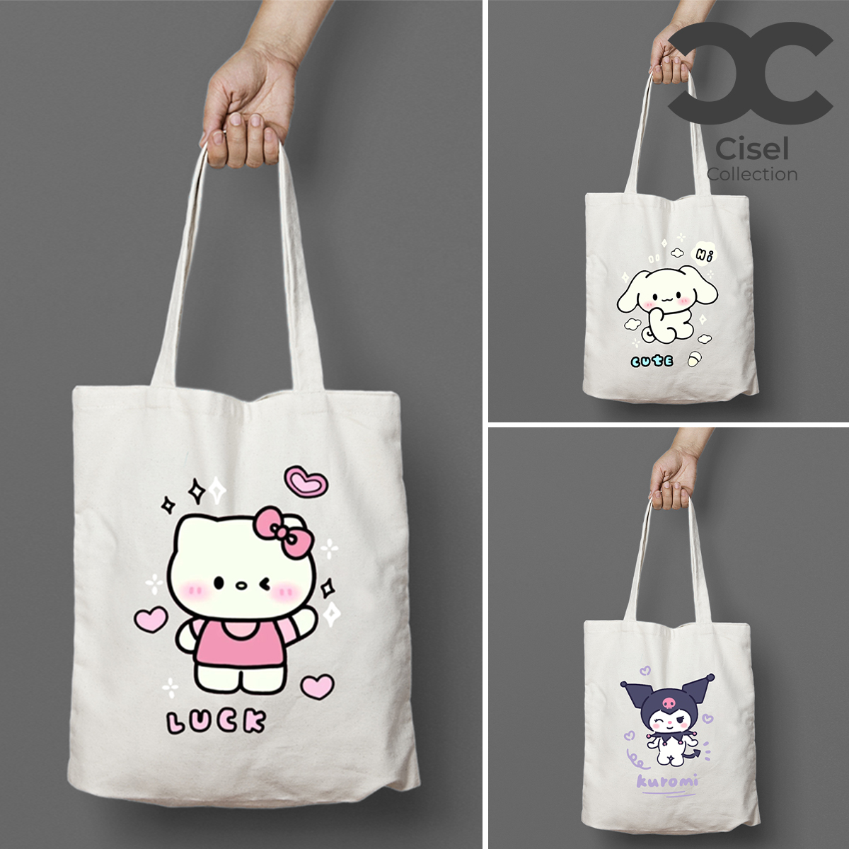 CISEL Tote Bag Tas Kanvas Resleting Sanrio Kartun Hello Kitty
