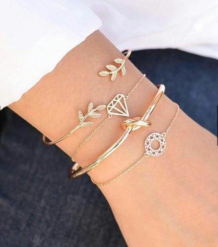 Set Gelang Wanita Model Vintage Simple Elegan Motif Daun Berlian Hollow GLS4