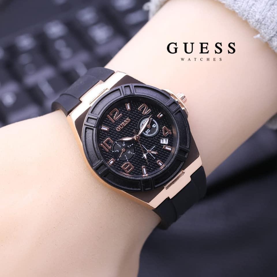 PROMO JAM TANGAN KASUAL GUESS KARET WANITA CEWEK PEREMPUAN GUESS TALI KARET RUBBER STRAP TANGGAL AKTIF MODEL TERBARU KEKINIAN LAGI DISKON SIMPLE ELEGAN TERLARIS TERMURAH GUESS KARET COKLAT BROWN ROSE GOLD MURAH