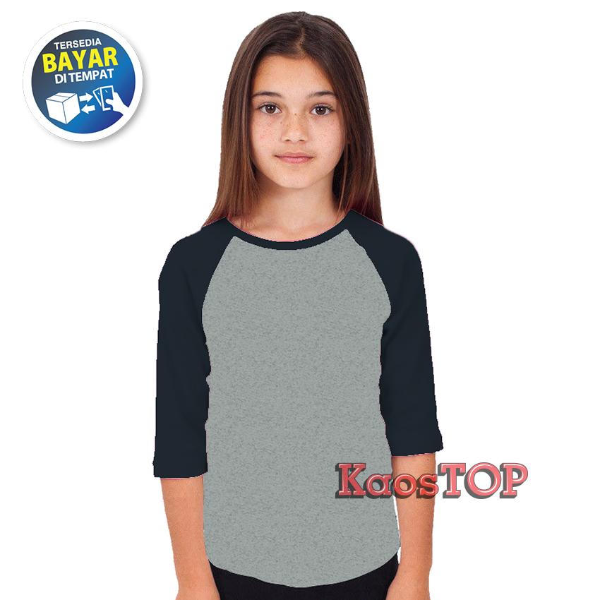 KaosTOP T-shirt Kaos Polos Anak Perempuan Raglan Lengan 3/4 Body warna Abu Misty Tangan Kombinasi Warna , terbaru, termurah
