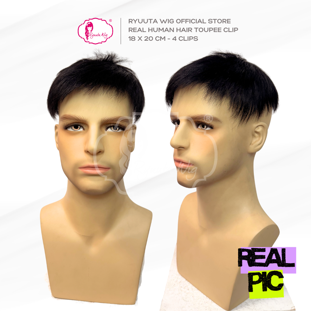 Ryuuta Wig Toupee Topper Clip Short Human Hair Rambut Asli Pria