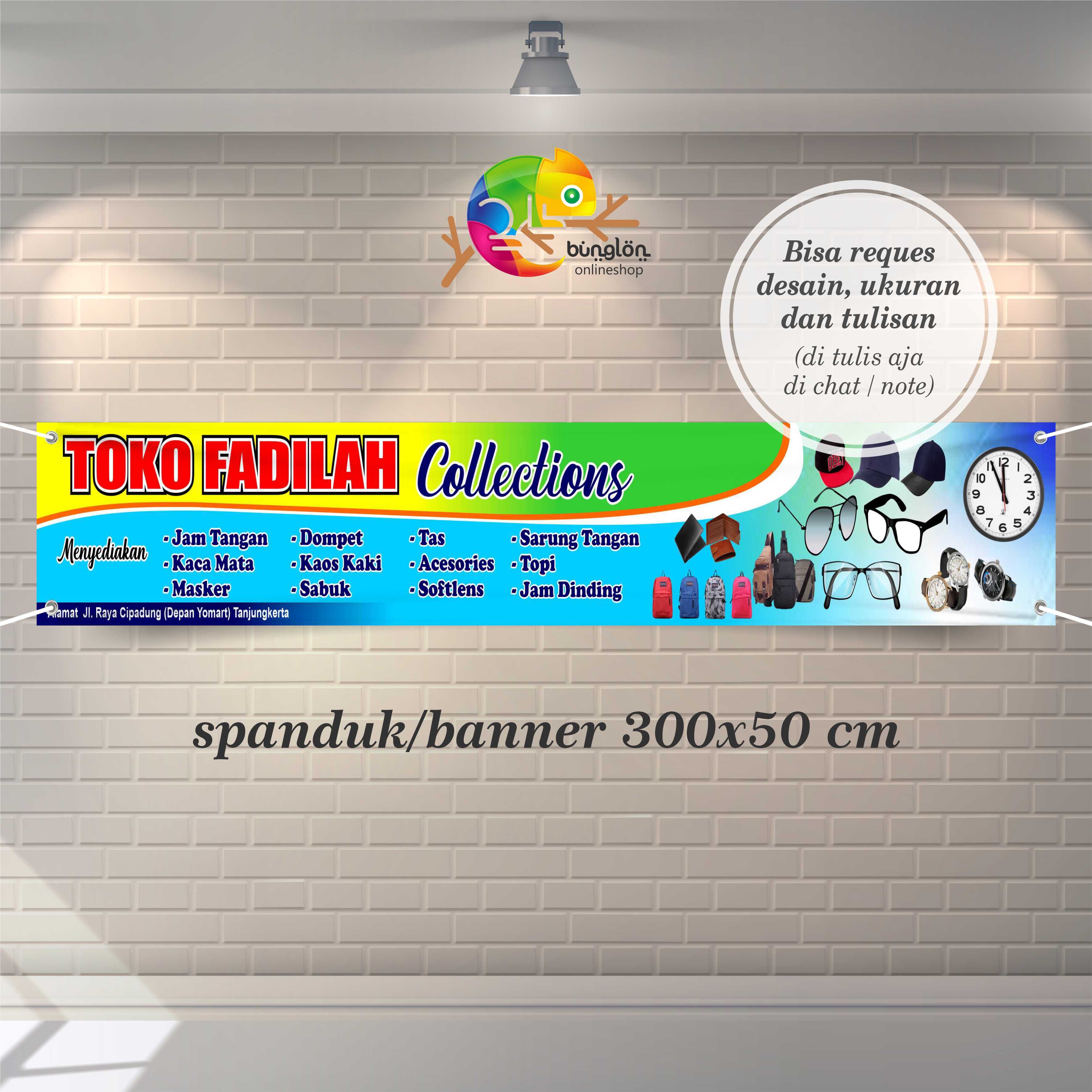 Spanduk Banner Toko Aksesories Jam Tangan Kaca Mata Masker Tas